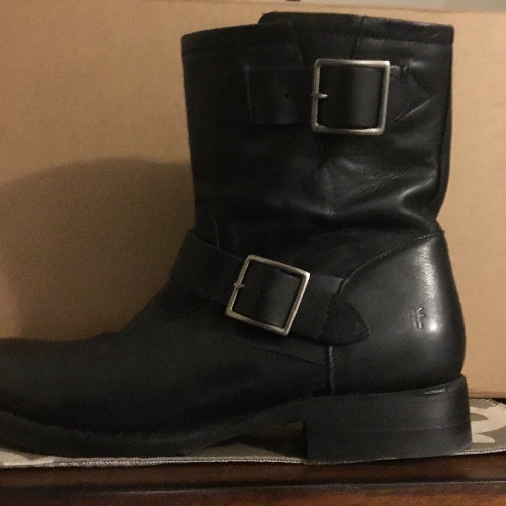 Frye Black Leather Ankle Boots with Buckles